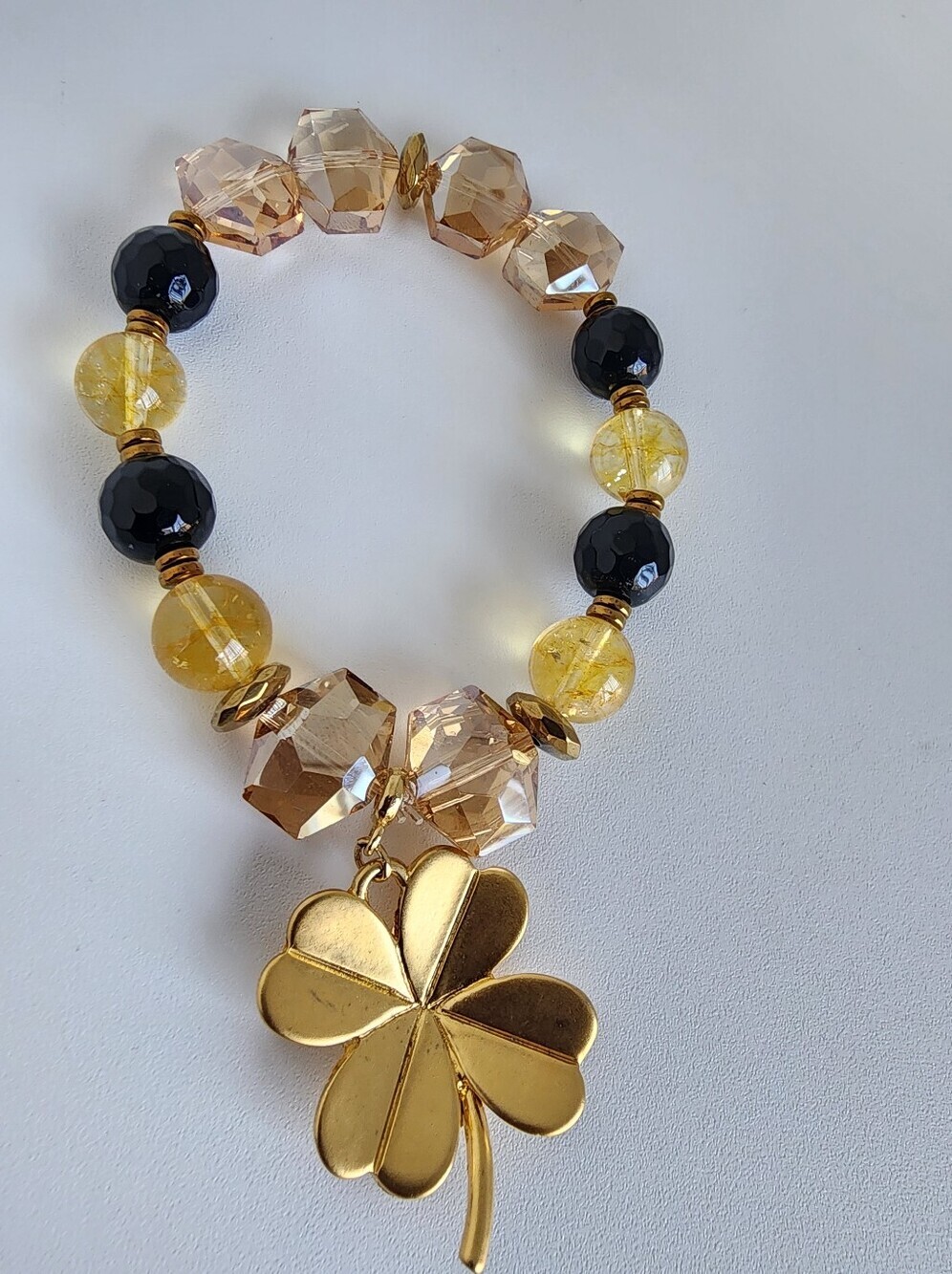 Lucky Clover Charm Stretch Bracelet Black Onyx Citrine Crystal Gold Tone